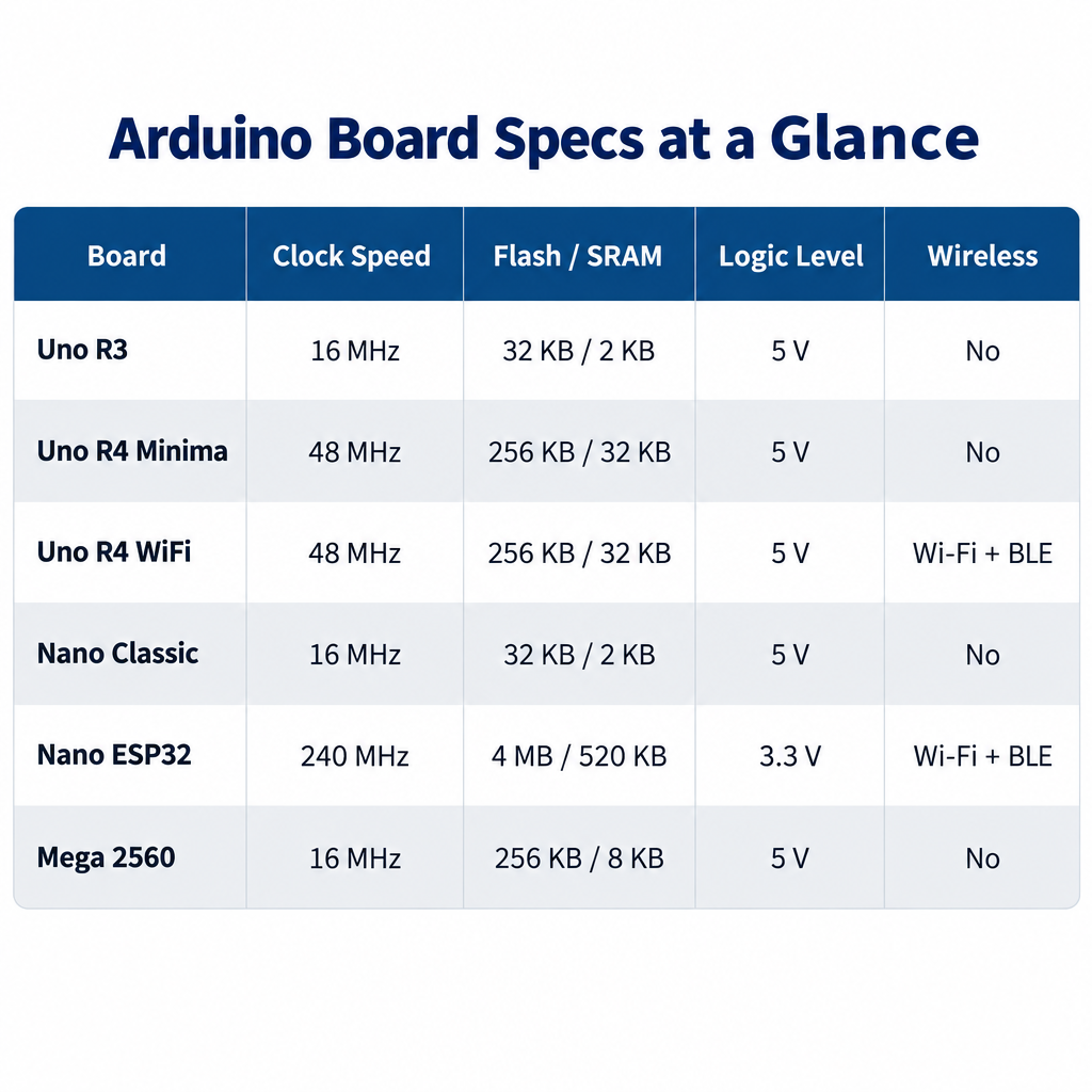 Arduino Board Comparison Chart