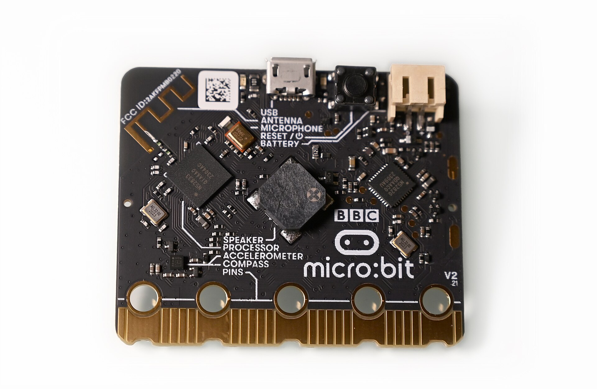 BBC micro:bit v2 backside an open source hardware ARM-based embedded system designed by the BBC for use in computer education (Micro Bit)